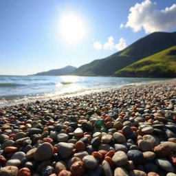 A picturesque beach scene featuring smooth pebbles strewn across the shoreline, with gentle waves lapping at the water's edge