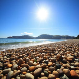 A picturesque beach scene featuring smooth pebbles strewn across the shoreline, with gentle waves lapping at the water's edge