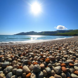A picturesque beach scene featuring smooth pebbles strewn across the shoreline, with gentle waves lapping at the water's edge