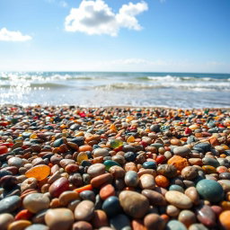 A vibrant beach scene featuring an array of colorful pebbles (bótsala) scattered across the sandy shore