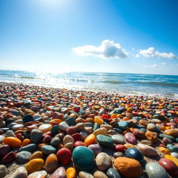 A vibrant beach scene featuring an array of colorful pebbles (bótsala) scattered across the sandy shore