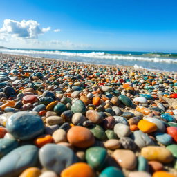 A vibrant beach scene featuring an array of colorful pebbles (bótsala) scattered across the sandy shore
