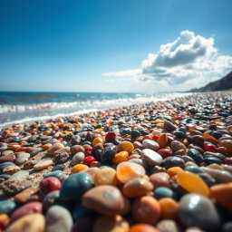 A vibrant beach scene featuring an array of colorful pebbles (bótsala) scattered across the sandy shore
