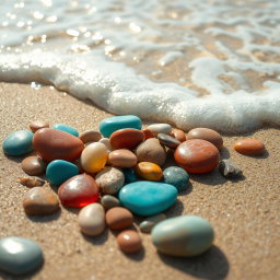 An artistic painting of colorful pebbles (bótsala) on a beach, with gentle waves (kymá) rolling in