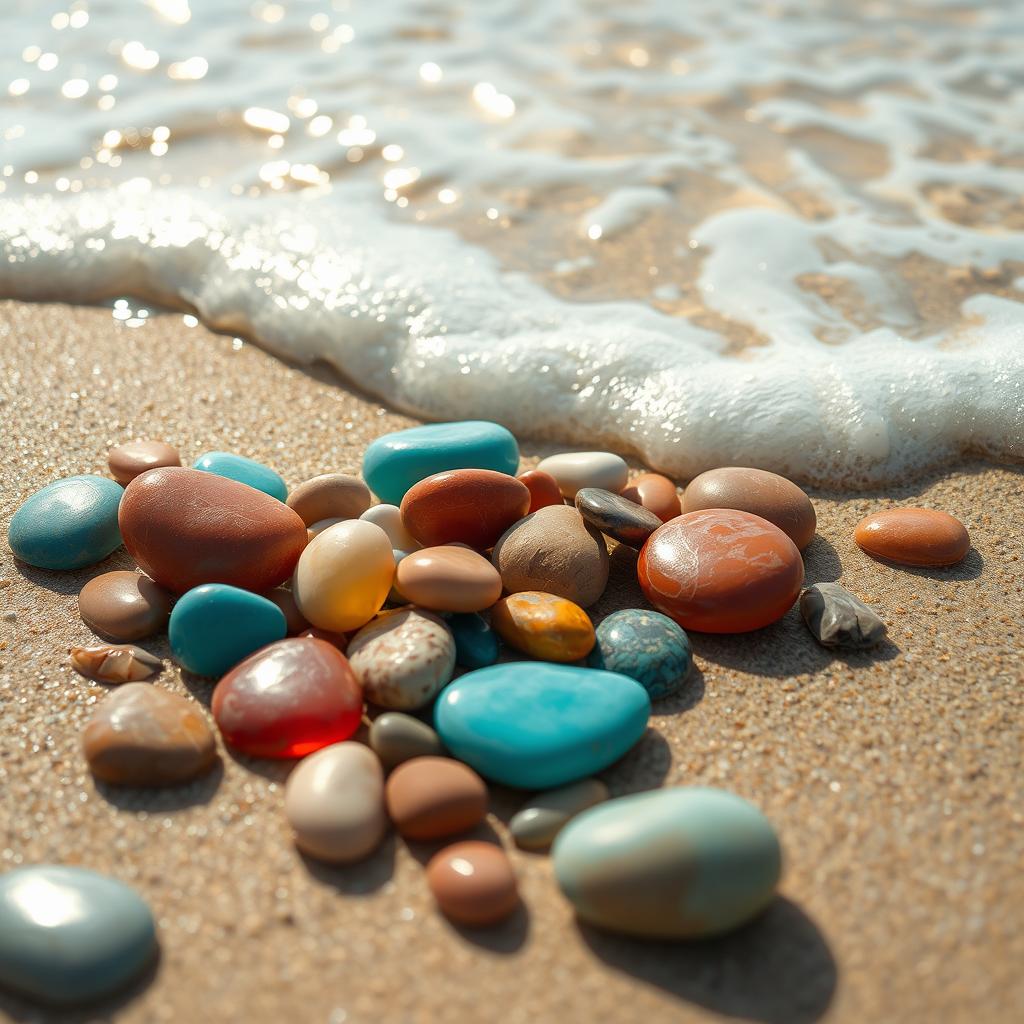 An artistic painting of colorful pebbles (bótsala) on a beach, with gentle waves (kymá) rolling in