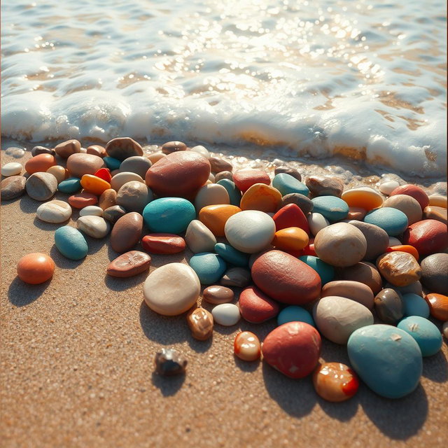 An artistic painting of colorful pebbles (bótsala) on a beach, with gentle waves (kymá) rolling in