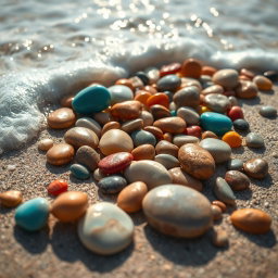 An artistic painting of colorful pebbles (bótsala) on a beach, with gentle waves (kymá) rolling in