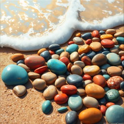 An artistic painting of colorful pebbles (bótsala) on a beach, with gentle waves (kymá) rolling in
