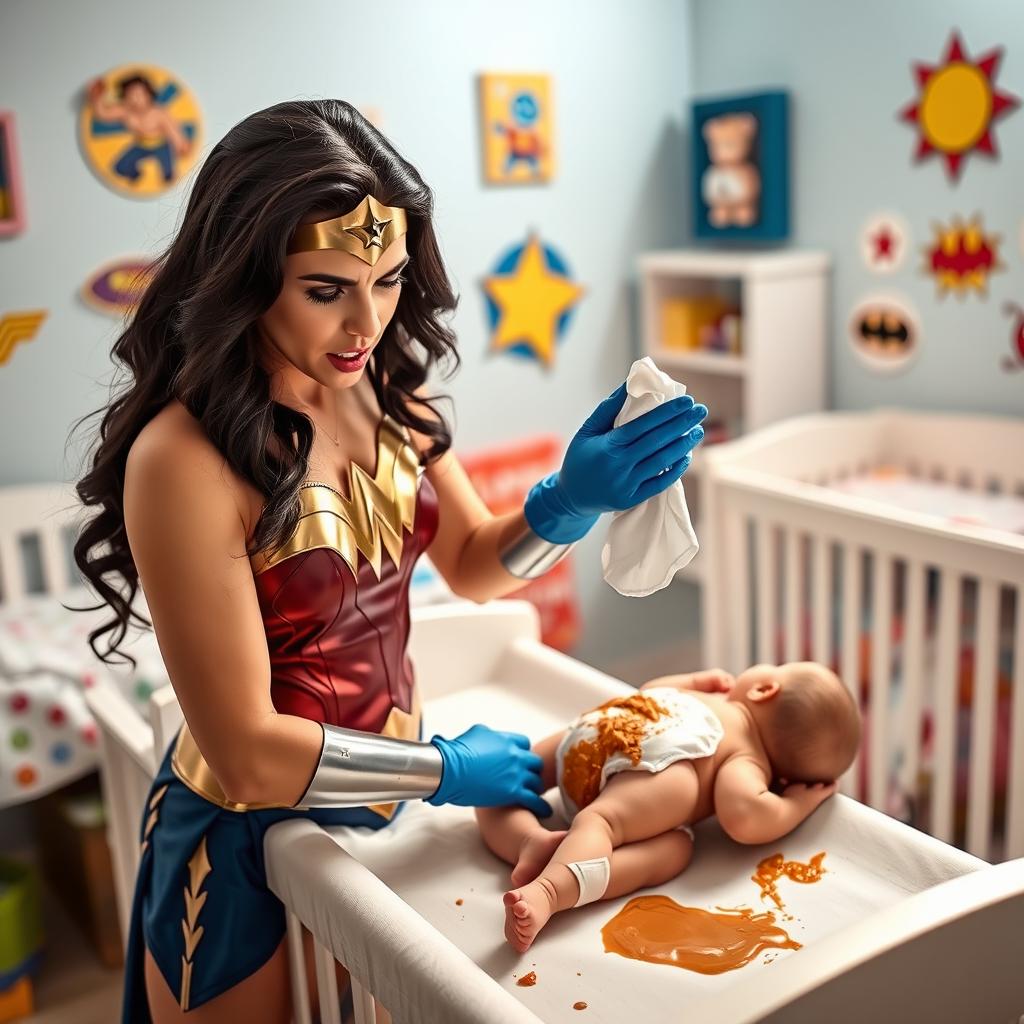Wonder Woman in her iconic costume, wearing blue vinyl gloves, changing a baby's diaper on a changing table