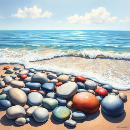 A beautiful painting depicting smooth pebbles on a sandy shore, with gentle waves lapping at them
