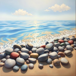 A beautiful painting depicting smooth pebbles on a sandy shore, with gentle waves lapping at them