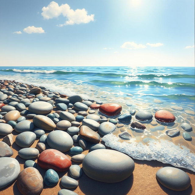 A beautiful painting depicting smooth pebbles on a sandy shore, with gentle waves lapping at them