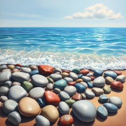 A beautiful painting depicting smooth pebbles on a sandy shore, with gentle waves lapping at them