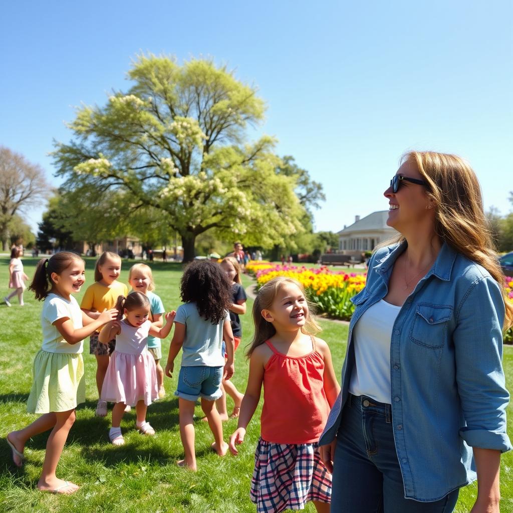 A bright, joyful scene in a sunny park filled with children playing