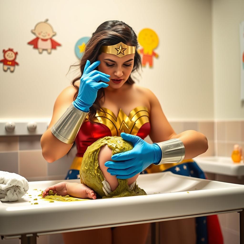 Wonder Woman, dressed in her iconic costume with vibrant colors, is humorously depicted in a changing room