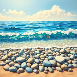 A stunning, vibrant painting depicting smooth pebbles scattered on a beach, illuminated by warm sunlight