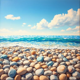 A stunning, vibrant painting depicting smooth pebbles scattered on a beach, illuminated by warm sunlight
