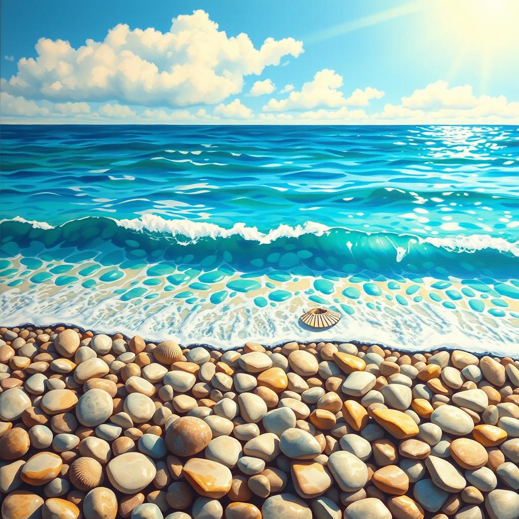 A stunning, vibrant painting depicting smooth pebbles scattered on a beach, illuminated by warm sunlight