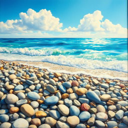 A stunning, vibrant painting depicting smooth pebbles scattered on a beach, illuminated by warm sunlight