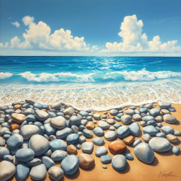 A captivating painting of smooth pebbles scattered on the sandy beach, with gentle waves gently washing over them