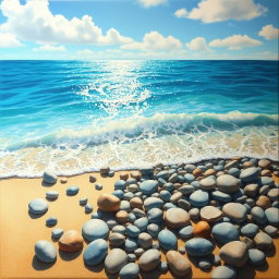 A captivating painting of smooth pebbles scattered on the sandy beach, with gentle waves gently washing over them