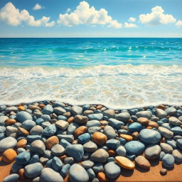 A captivating painting of smooth pebbles scattered on the sandy beach, with gentle waves gently washing over them