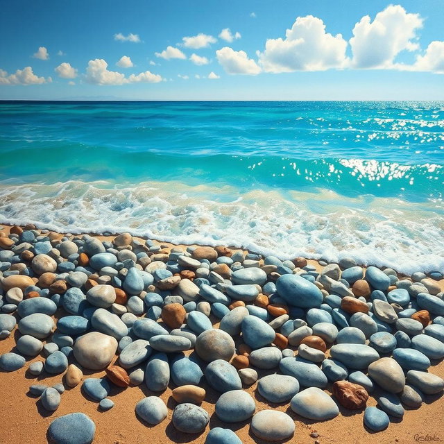 A captivating painting of smooth pebbles scattered on the sandy beach, with gentle waves gently washing over them