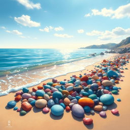 A beautiful coastal scene featuring colorful pebbles (βότσαλα) scattered on a sandy beach, with gentle waves lapping at the shore