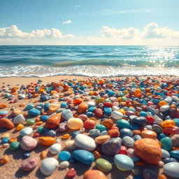 A beautiful coastal scene featuring colorful pebbles (βότσαλα) scattered on a sandy beach, with gentle waves lapping at the shore