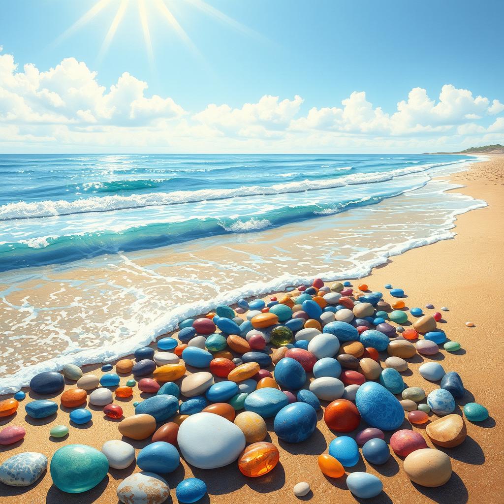 A beautiful coastal scene featuring colorful pebbles (βότσαλα) scattered on a sandy beach, with gentle waves lapping at the shore