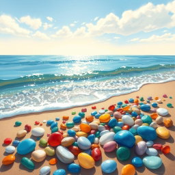 A beautiful coastal scene featuring colorful pebbles (βότσαλα) scattered on a sandy beach, with gentle waves lapping at the shore