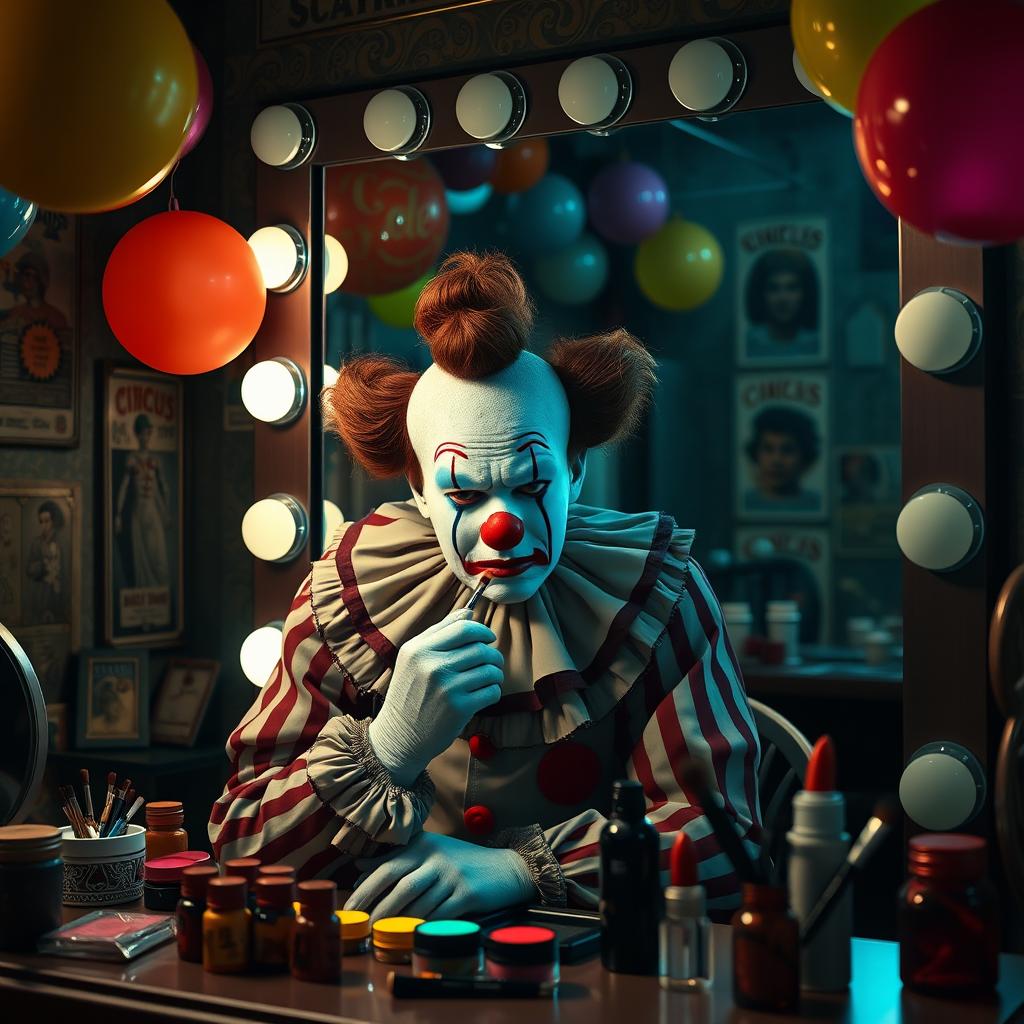 A sad clown applying makeup, with a somber expression on their face