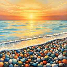 A picturesque coastal painting showcasing an array of colorful pebbles (βότσαλα) on a tranquil beach