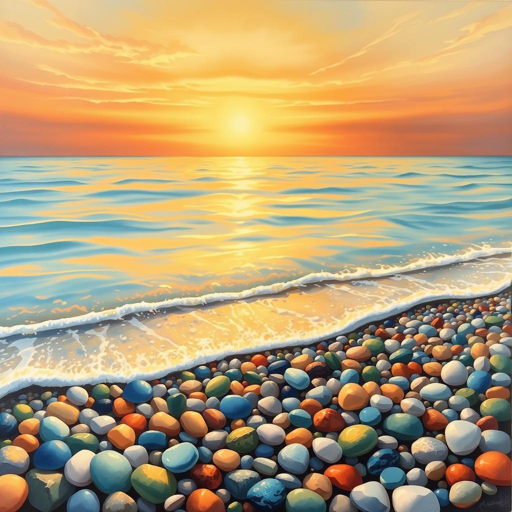 A picturesque coastal painting showcasing an array of colorful pebbles (βότσαλα) on a tranquil beach