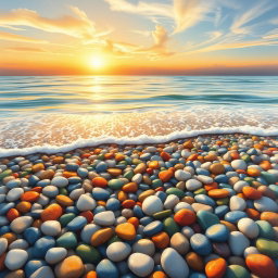 A picturesque coastal painting showcasing an array of colorful pebbles (βότσαλα) on a tranquil beach