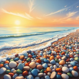 A picturesque coastal painting showcasing an array of colorful pebbles (βότσαλα) on a tranquil beach