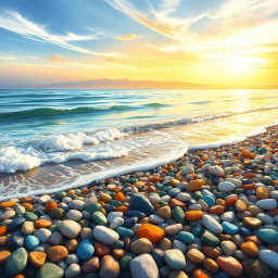 A picturesque coastal painting showcasing an array of colorful pebbles (βότσαλα) on a tranquil beach