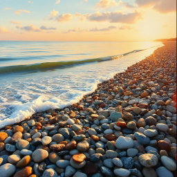 An enchanting coastal painting depicting a multitude of colorful pebbles (βότσαλα) along a serene beach, where soft waves gently caress the shore