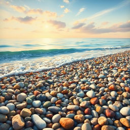 An enchanting coastal painting depicting a multitude of colorful pebbles (βότσαλα) along a serene beach, where soft waves gently caress the shore