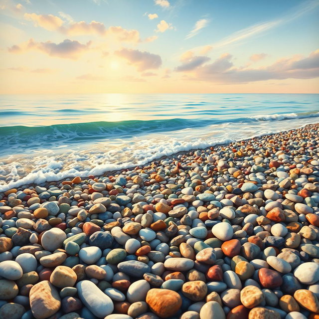 An enchanting coastal painting depicting a multitude of colorful pebbles (βότσαλα) along a serene beach, where soft waves gently caress the shore