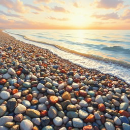 An enchanting coastal painting depicting a multitude of colorful pebbles (βότσαλα) along a serene beach, where soft waves gently caress the shore