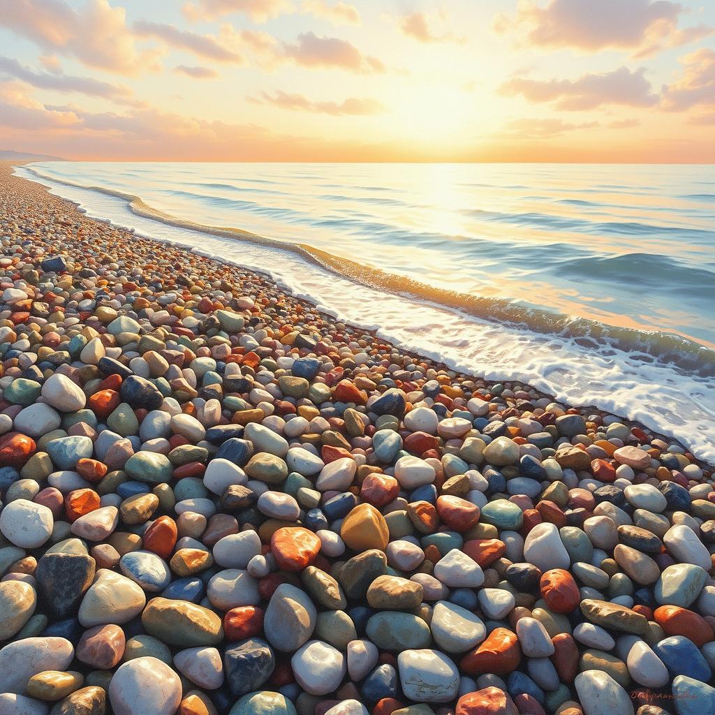 An enchanting coastal painting depicting a multitude of colorful pebbles (βότσαλα) along a serene beach, where soft waves gently caress the shore