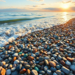 An enchanting coastal painting depicting a multitude of colorful pebbles (βότσαλα) along a serene beach, where soft waves gently caress the shore