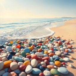 A stunning painting of colorful pebbles (βότσαλα) lying on a pristine beach, bathed in warm sunlight