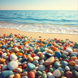 A stunning painting of colorful pebbles (βότσαλα) lying on a pristine beach, bathed in warm sunlight