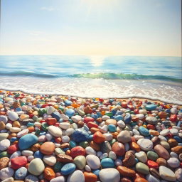A stunning painting of colorful pebbles (βότσαλα) lying on a pristine beach, bathed in warm sunlight