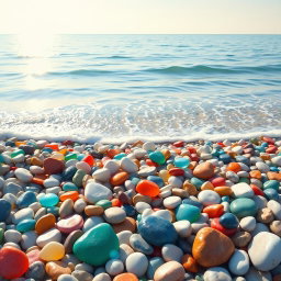 A stunning painting of colorful pebbles (βότσαλα) lying on a pristine beach, bathed in warm sunlight