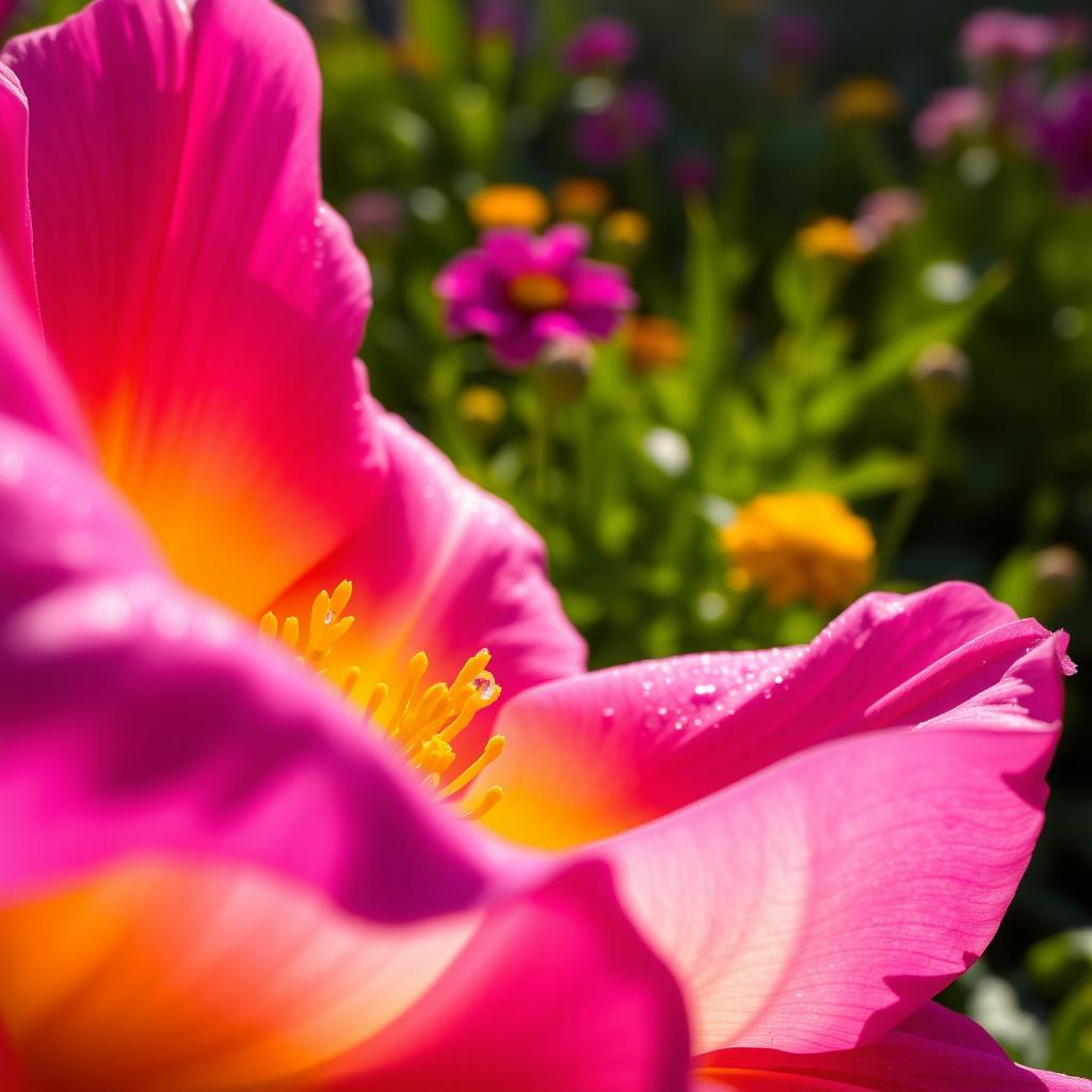 A close-up view of a beautifully swollen flower, with petals unfurling gracefully, showcasing vibrant colors such as deep purples, radiant pinks, and sunny yellows