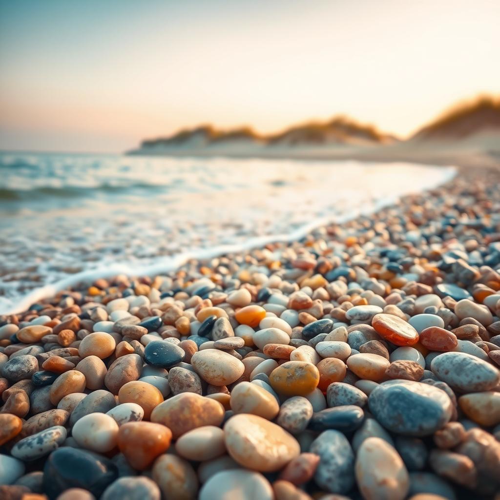 A picturesque scene of pebbles along a serene beach, capturing the vibrant colors and textures of smooth stones, glistening in the sunlight