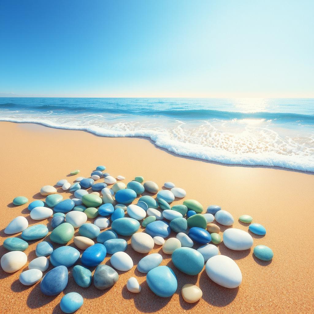 A serene coastal scene featuring colorful pebbles (βότσαλα) scattered along the shore